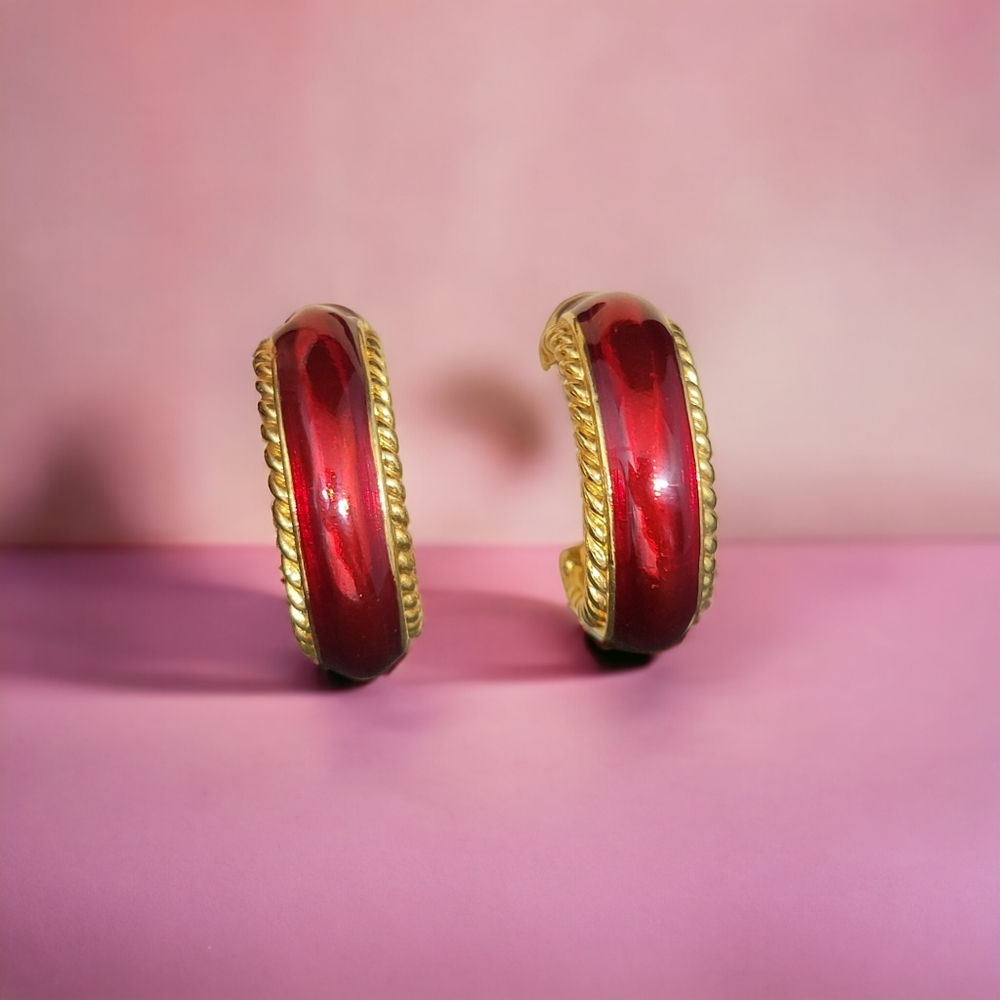 Vintage Red and Gold Toned Enamel Hoops
